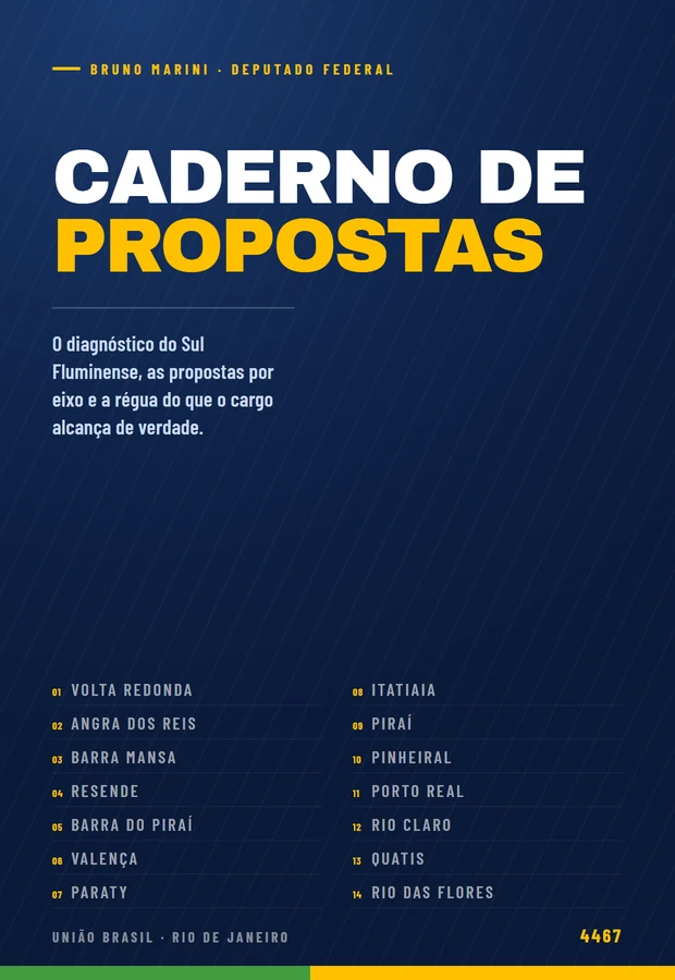Capa do Caderno de Propostas de Bruno Marini, com os quatorze municípios do Sul Fluminense